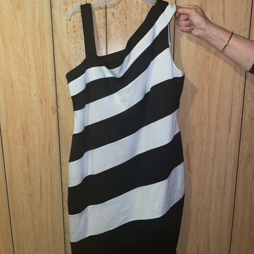 Black and white asymmetrical strap midi dress